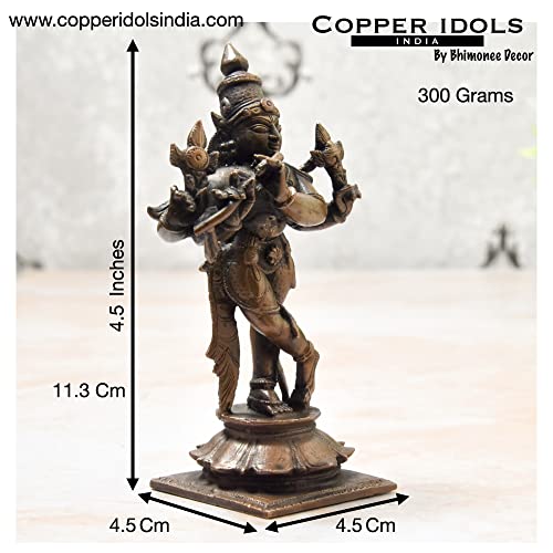 Copper Idols India - By Bhimonee Decor , 4.5 inches, Handmade Copper Krishna Idol, 300 Grams , Patina Antique Finish , Pack of 1 Piece