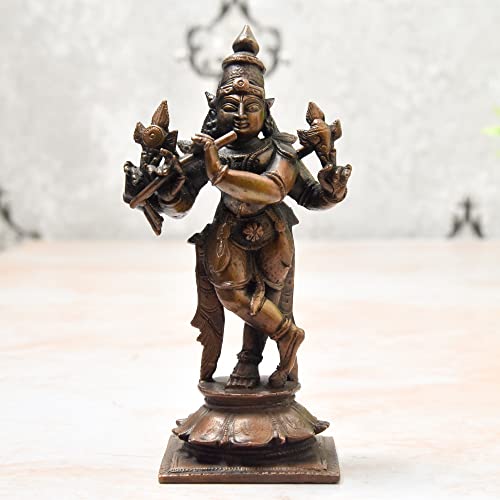 Copper Idols India - By Bhimonee Decor , 4.5 inches, Handmade Copper Krishna Idol, 300 Grams , Patina Antique Finish , Pack of 1 Piece