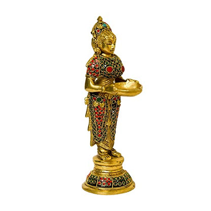 Brass Stone Work Lady with Diya, 9 inches India