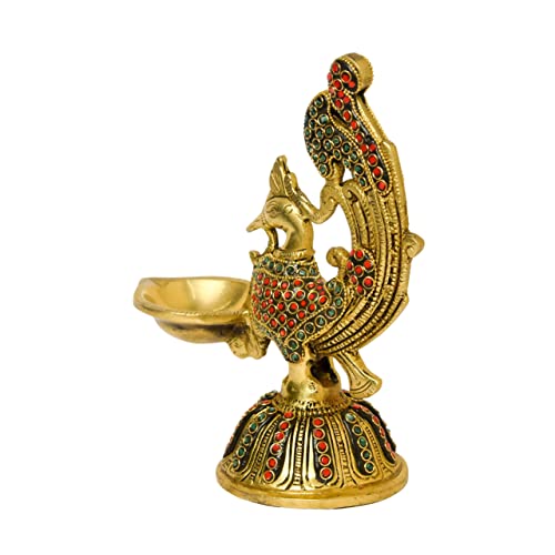 Stone Work Pure Brass Peacock Design Table Diya, 7.25 inches Decor