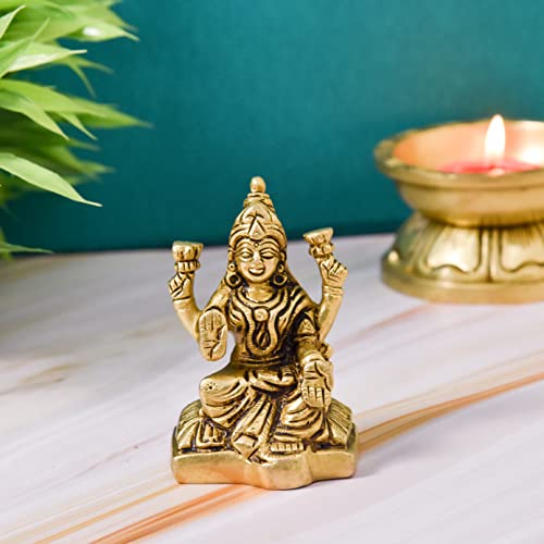 Bhimonee Decor Brass Laxmi Idol| Sitting on Peeta| Home Décor| Gift & Puja, 350 gm, 3.25 inches, Brass Black Antique Finish, 1 Piece