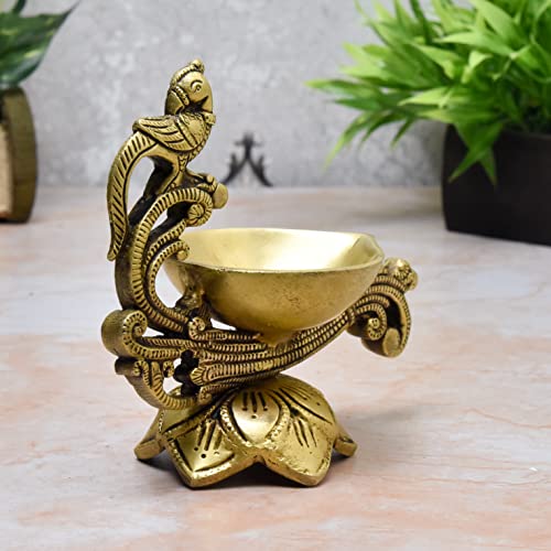  Brass Akhand Jyothi Lotus Base Peacock India