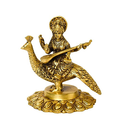 Bhimonee Decor Brass Saraswati Idol for Home Decor, Sitting on Peacock, Gift & Puja, 1.5 kg, 6.5 inches, Brass Black Antique Finish, 1 Piece