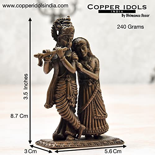 Copper Idols India - By Bhimonee Decor , 3.5 inches, Handmade Copper Radha Krishna Idol, 240 Grams , Patina Antique Finish , Pack of 1 Piece