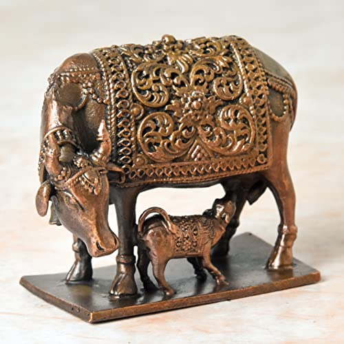 Copper Idols India - By Bhimonee Decor , 2.5 inches, Handmade Copper Cow and Calf | Kamadenu | Hasu Karu Idol, 650 Grams , Patina Antique Finish , Pack of 1 Piece