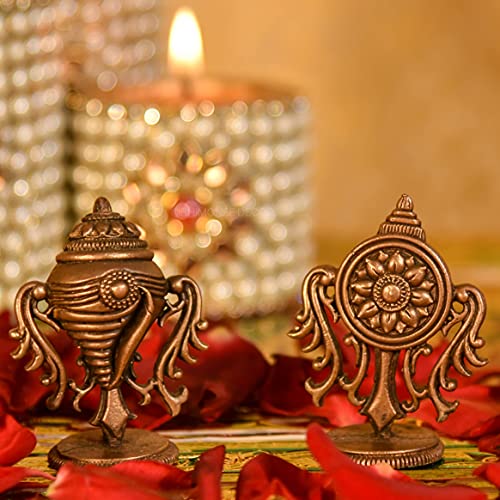 Bhimonee Decor Copper Handmade Small Shanku Chakra Duo 2 inches Showpiece for Home Temple Decor I for Pooja I Office Desk I Nice Gift Ideal for Good Luck Wishes I