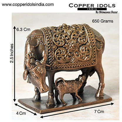 Copper Idols India - By Bhimonee Decor , 2.5 inches, Handmade Copper Cow and Calf | Kamadenu | Hasu Karu Idol, 650 Grams , Patina Antique Finish , Pack of 1 Piece