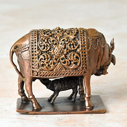 Copper Idols India - By Bhimonee Decor , 2.5 inches, Handmade Copper Cow and Calf | Kamadenu | Hasu Karu Idol, 650 Grams , Patina Antique Finish , Pack of 1 Piece