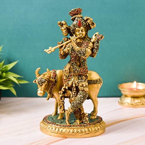 Brass Stone Work Krishna Idol with Cow