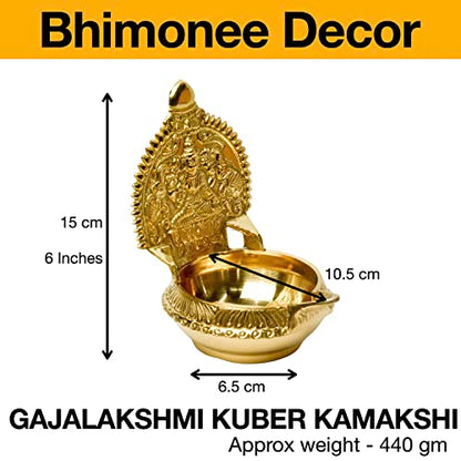 Bhimonee Decor Pure Brass GAJALAKSHMI KUBER KAMAKSHI Deep, Deepak, Diya for Pooja Purposes, 6 Inches, 440 gm