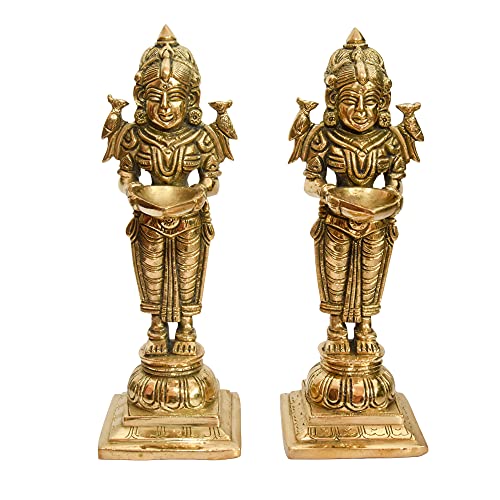 Bhimonee Decor by Modern Gift Centre Pure Brass 8.25 inches Pair Oil Lamp Deep Lady | Meenakshi Devi Holding Diya