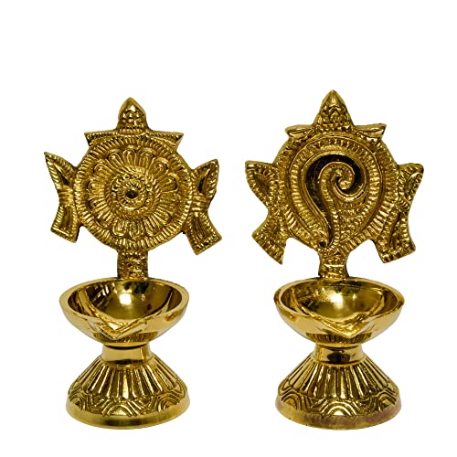 Bhimonee Decor Pure Brass Shanku Chakra Diya, 4.3 inches, Gold Polish, Pack of 1 Pair