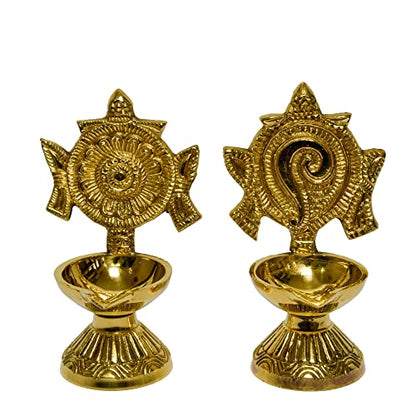 Bhimonee Decor Pure Brass Shanku Chakra Diya, 4.3 inches, Gold Polish, Pack of 1 Pair