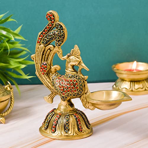 Stone Work Pure Brass Peacock Design Table Diya, 7.25 inches