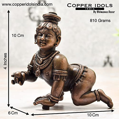 Copper Idols India - By Bhimonee Decor , 4 inches, Handmade Copper Bal Krishna Idol, 810 Grams , Patina Antique Finish , Pack of 1 Piece