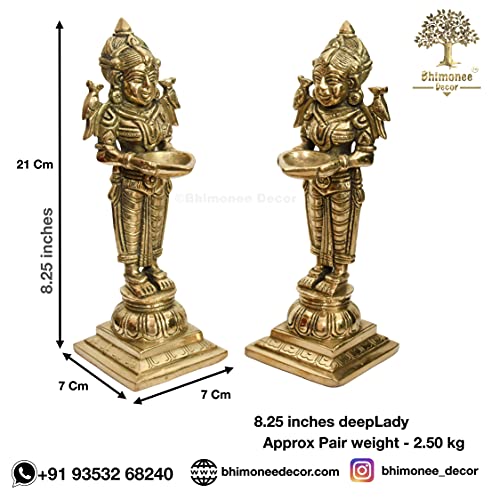 Bhimonee Decor by Modern Gift Centre Pure Brass 8.25 inches Pair Oil Lamp Deep Lady | Meenakshi Devi Holding Diya