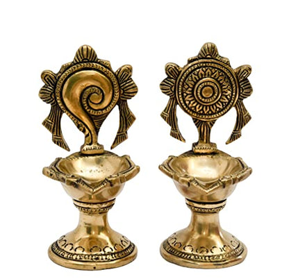 Bhimonee Decor Pure Brass Shanku Chakra Long Table Diya, 6 inches Big Size, Brass, Pack of 1 Pair