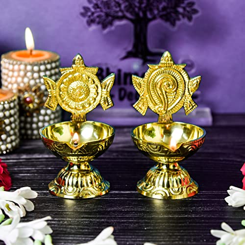 Bhimonee Decor Pure Brass Shanku Chakra Diya Big Size, 4.3 inches, Gold Polish, Pack of 1 Pair