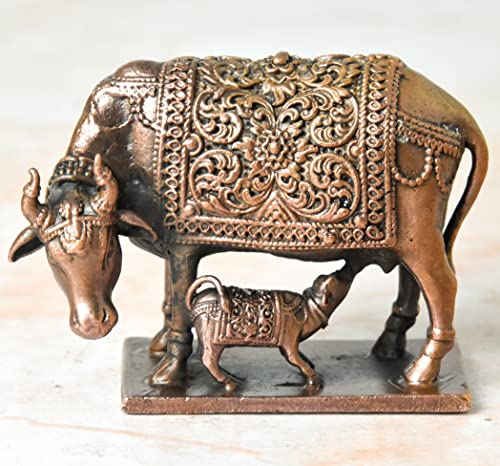 Copper Idols India - By Bhimonee Decor , 2 inches, Handmade Copper Cow and Calf | Kamadenu | Hasu Karu Idol, 360 Grams , Patina Antique Finish , Pack of 1 Piece