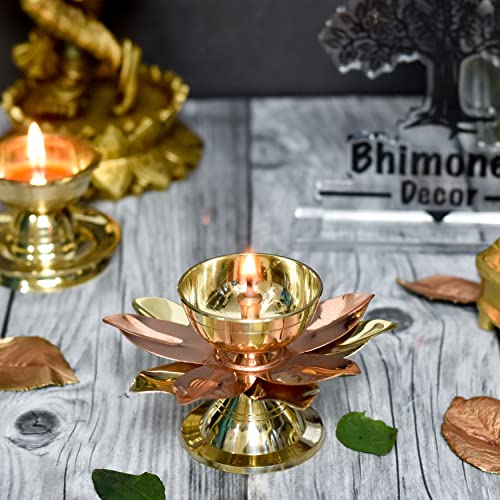 Bhimonee Decor Pure Brass Lotus Nanda Akhand Jyothi Table Diya, 3.2 inches, Brass, Pack of 1 pc