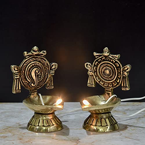 Pure Brass Shanku Chakra Electric Bulb Lights Diya Front View