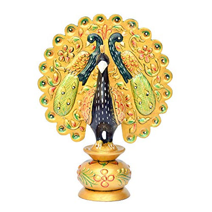Bhimonee Decor Wooden Dancing Peacock Gold Colour 5.5" for Home, Office Gifting