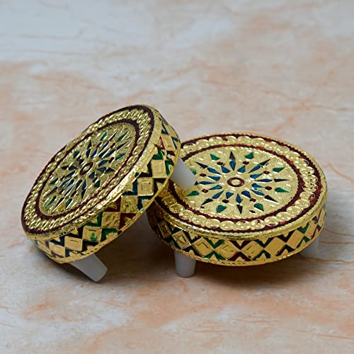 Wooden Golden Foil Meenakari Round Chowki