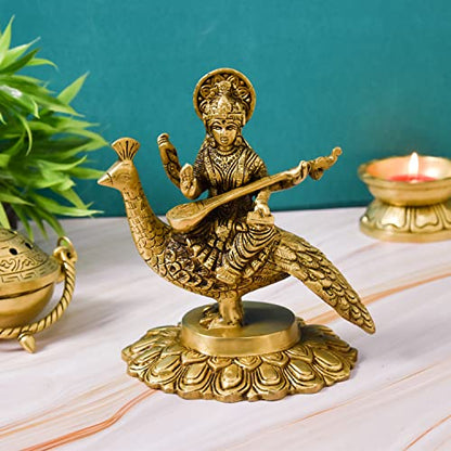 Bhimonee Decor Brass Saraswati Idol for Home Decor, Sitting on Peacock, Gift & Puja, 1.5 kg, 6.5 inches, Brass Black Antique Finish, 1 Piece