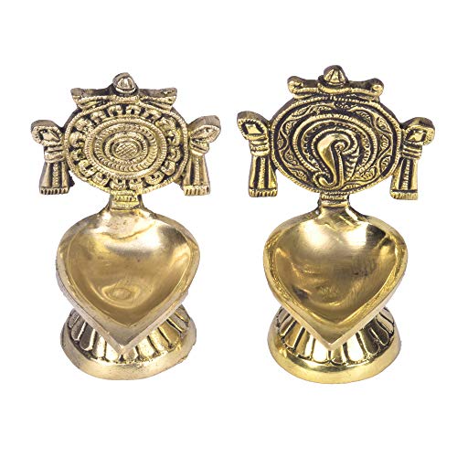 Buy Printology Wood Pure Brass Shanku Chakra Table Diya Front View