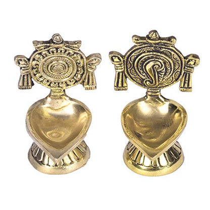 Buy Printology Wood Pure Brass Shanku Chakra Table Diya Front View