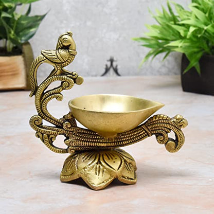  Brass Akhand Jyothi Lotus Base Peacock Decor