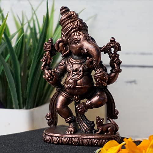Bhimonee Decor , 3.35 inches, Handmade Copper Dancing Ganesha Idol, 330 Grams, Patina Antique Finish, Pack of 1 Piece