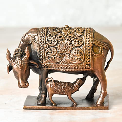 Copper Idols India - By Bhimonee Decor , 2.5 inches, Handmade Copper Cow and Calf | Kamadenu | Hasu Karu Idol, 650 Grams , Patina Antique Finish , Pack of 1 Piece