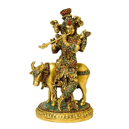 Brass Stone Work Krishna Idol with Cow India