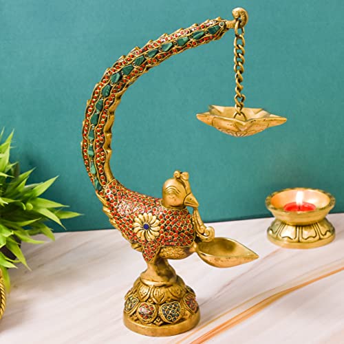  Stone Work Peacock Design Brass Hanging Diya