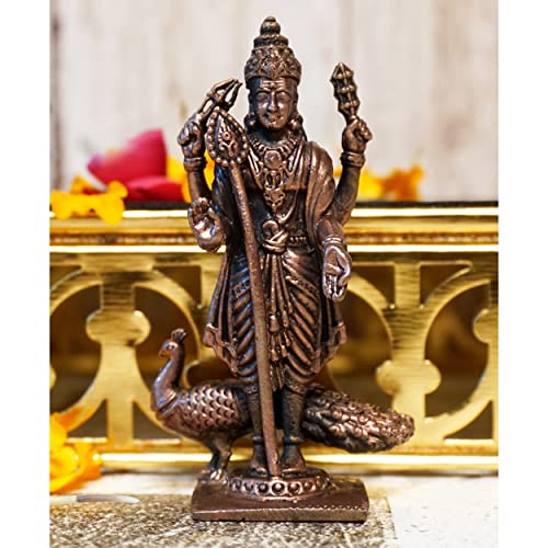 Bhimonee Decor , 2.75 inches, Handmade Copper Kartikeya Murugan with Peacock Idol, 80 Grams, Patina Antique Finish, Pack of 1 Piece