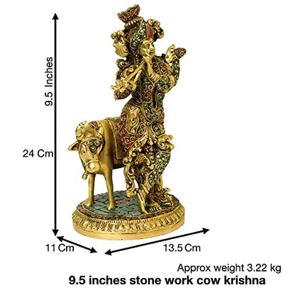 Brass Stone Work Krishna Idol with Cow Size