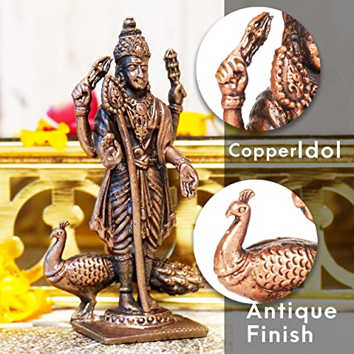 Handmade Copper Kartikeya Murugan with Peacock Idol 