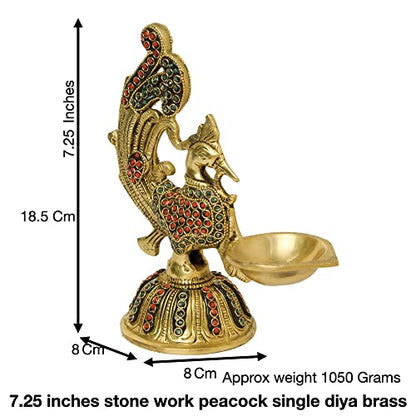 Stone Work Pure Brass Peacock Design Table Diya, 7.25 inches Size