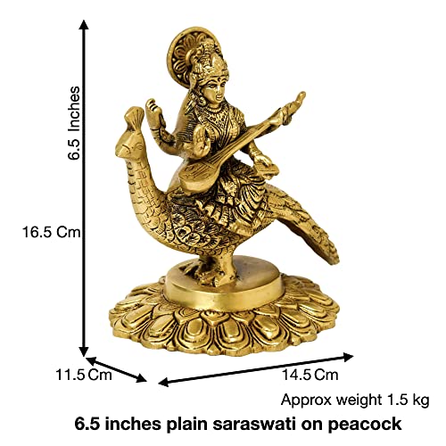 Bhimonee Decor Brass Saraswati Idol for Home Decor, Sitting on Peacock, Gift & Puja, 1.5 kg, 6.5 inches, Brass Black Antique Finish, 1 Piece