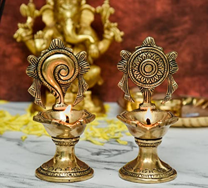 Bhimonee Decor Pure Brass Shanku Chakra Long Table Diya, 6 inches Big Size, Brass, Pack of 1 Pair