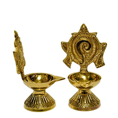 Bhimonee Decor Pure Brass Shanku Chakra Diya, 4.3 inches, Gold Polish, Pack of 1 Pair