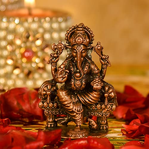Bhimonee Decor Copper Handmade Darbar Ganesha 2.5 inches Sitting Idol Statue Showpiece for Home Temple Decor I Car Dashboard Decor I Office Desk I Nice Gift Ideal for Good Luck Wishes I